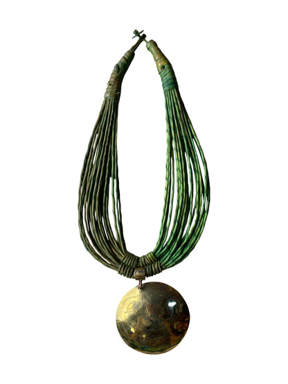 "Bronze Green Aura" Handmade necklace with round bronze pendant and leather strands