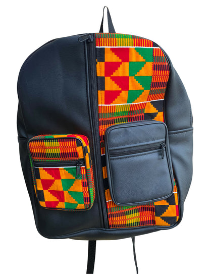 Sac à dos Urban Roots – Motif Kente ghanéen en cuir et coton | 40 x 40 x 20 cm