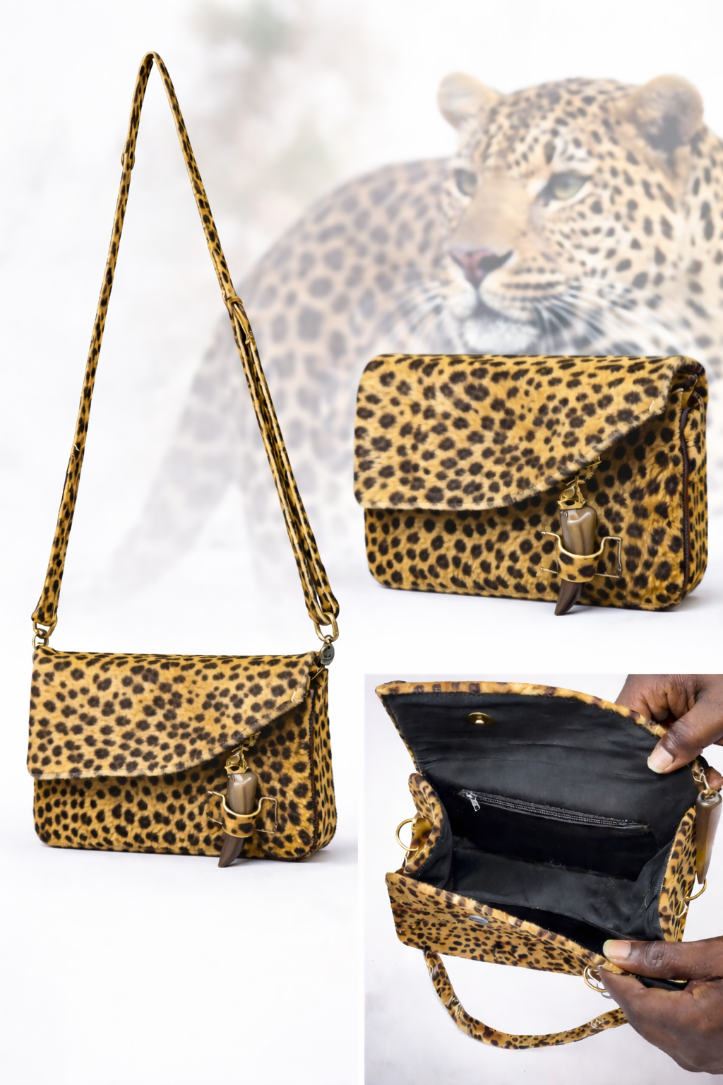 "Wild Elegance" Handgefertigte Leopardenfell-Tasche aus Ghana (Exklusives Unikat)