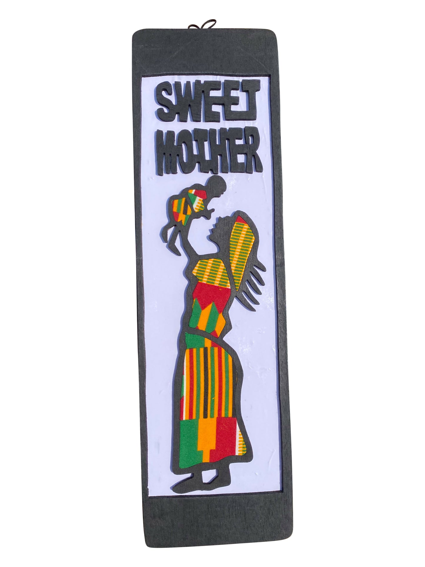 "SWEET MOTHER" EBONY KENTE WALL ART Handgefertigte Wanddekoration aus Ebenholz und Kente-Stoff