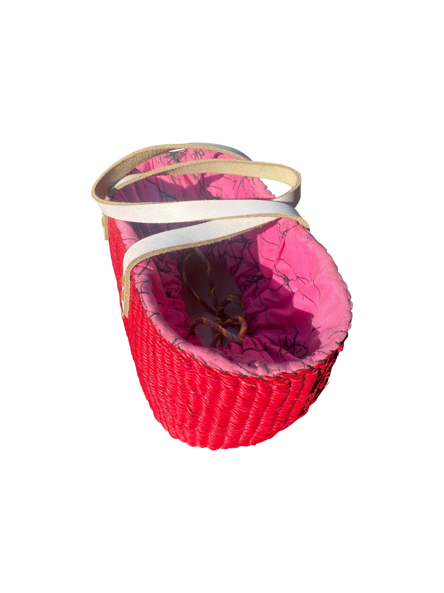 Geflochtene Handtasche aus Elefantengras – Pink mit Ledergriffen (31×14×12 cm)