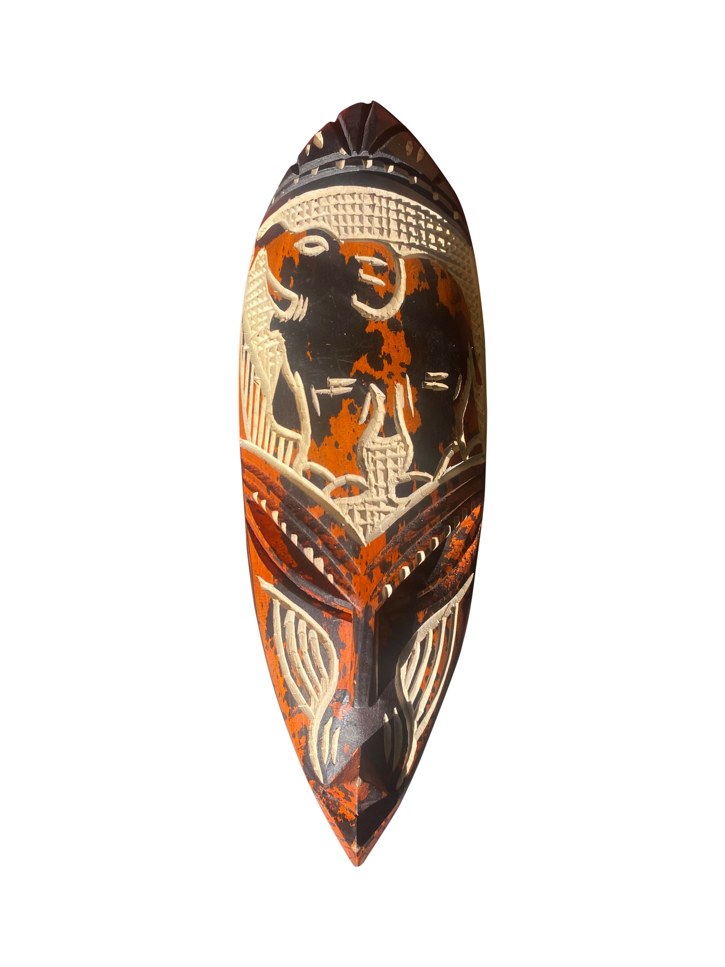 Elefantenpfad – Afrikanische Wandmaske aus massivem Thickwood (30×11 cm), Orange