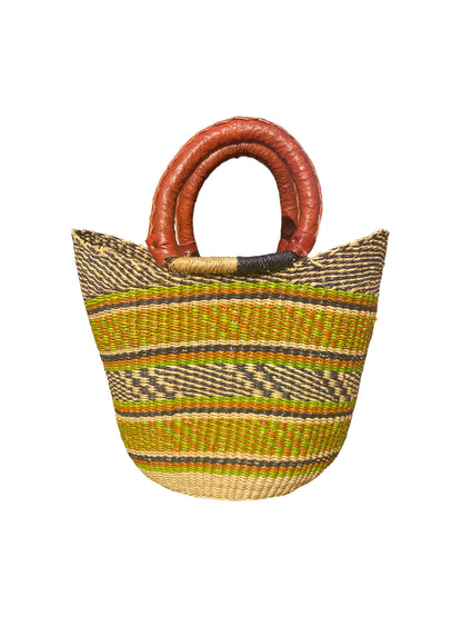 Bolga Style – Handgeflochtener Korb aus Elefantengras & Ziegenleder (33×30×15 cm)