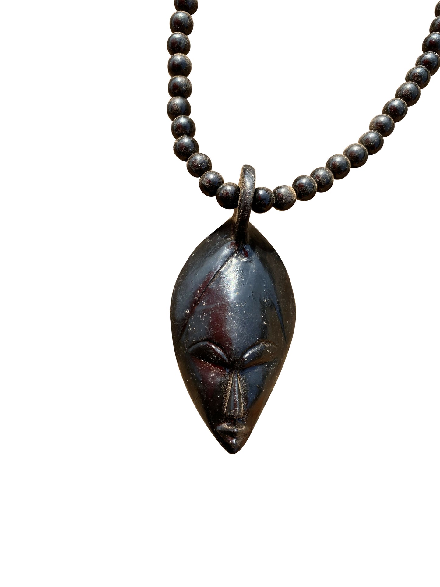 “African Mask Pendant Necklace” Wooden beaded necklace with mask pendant, Ghana Handmade