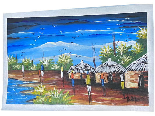 "Rhythm of the Shore/ Leben am Wasser" Handgemaltes Acrylbild aus Ghana (50 × 69 cm)