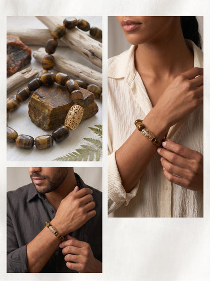 „Earth Warrior“ Tigerauge-Armband | Zeitloser Unisex-Armschmuck mit traditioneller Bronze-Perle für Damen & Herren