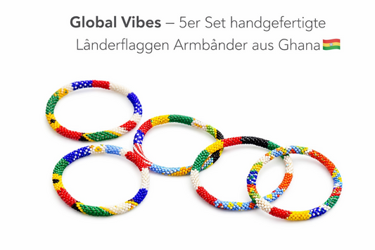 "Global Vibes" 5er Set handgefertigte Länderflaggen Armbänder aus Ghana