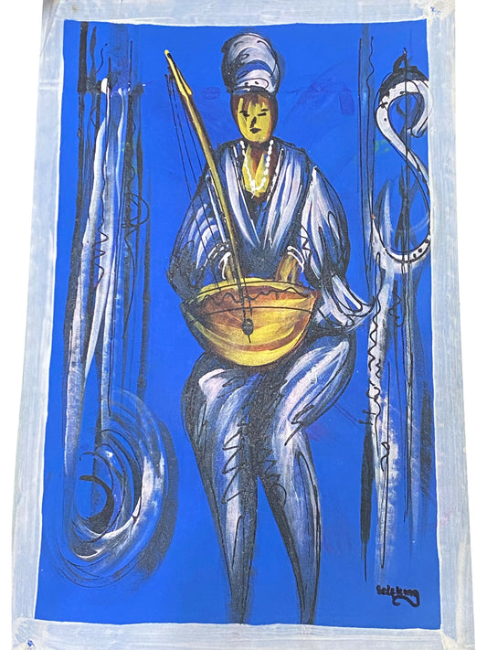 "Holding the Rhythm / Stehende Figur mit Kalebasse" Handgemaltes Acrylbild aus Ghana (50 × 69 cm)