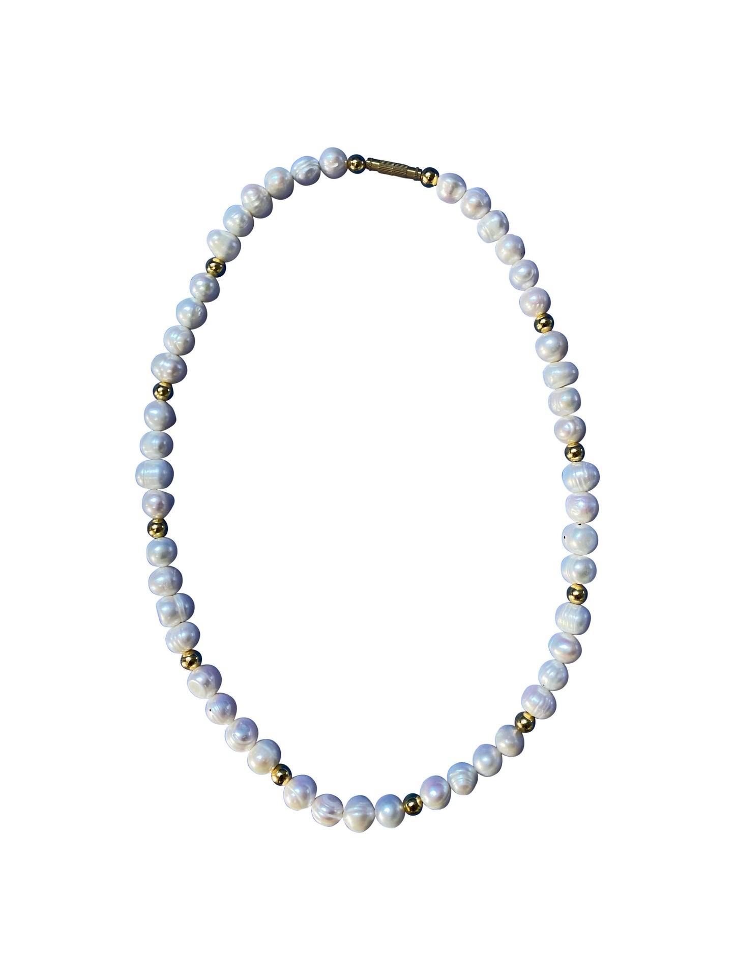 Delicate white pearl necklace with gold accents