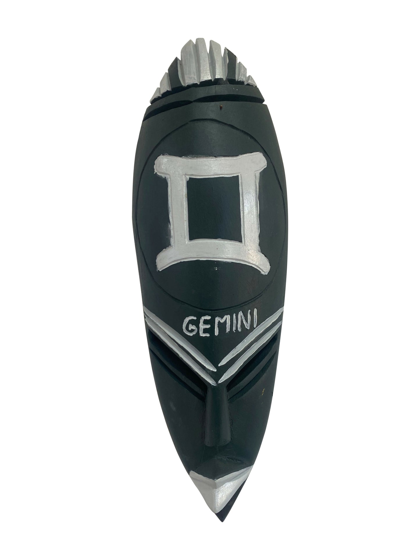 „Sternzeichen-Maske Zwilling (Gemini) – Handgeschnitztes Thickwood-Kunstwerk der Dualität (37×12×6 cm)“