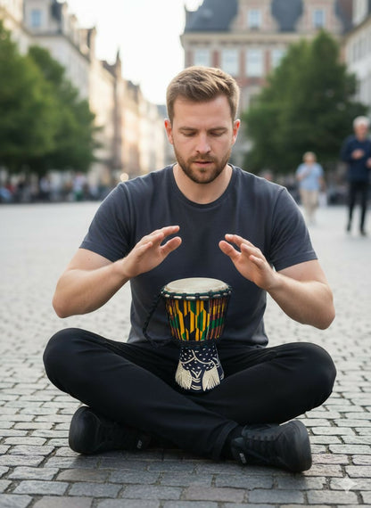 Heartbeat of Ghana“ Handgefertigte Djembe aus Tweneboa-Holz mit Kente-Stoff & Ziegenfell