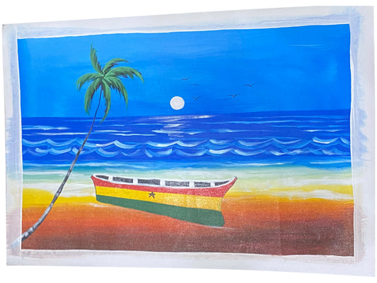 "African Coastal Night/ Mondlicht über dem Meer" Handgemaltes Acrylbild aus Ghana (50 × 69 cm)