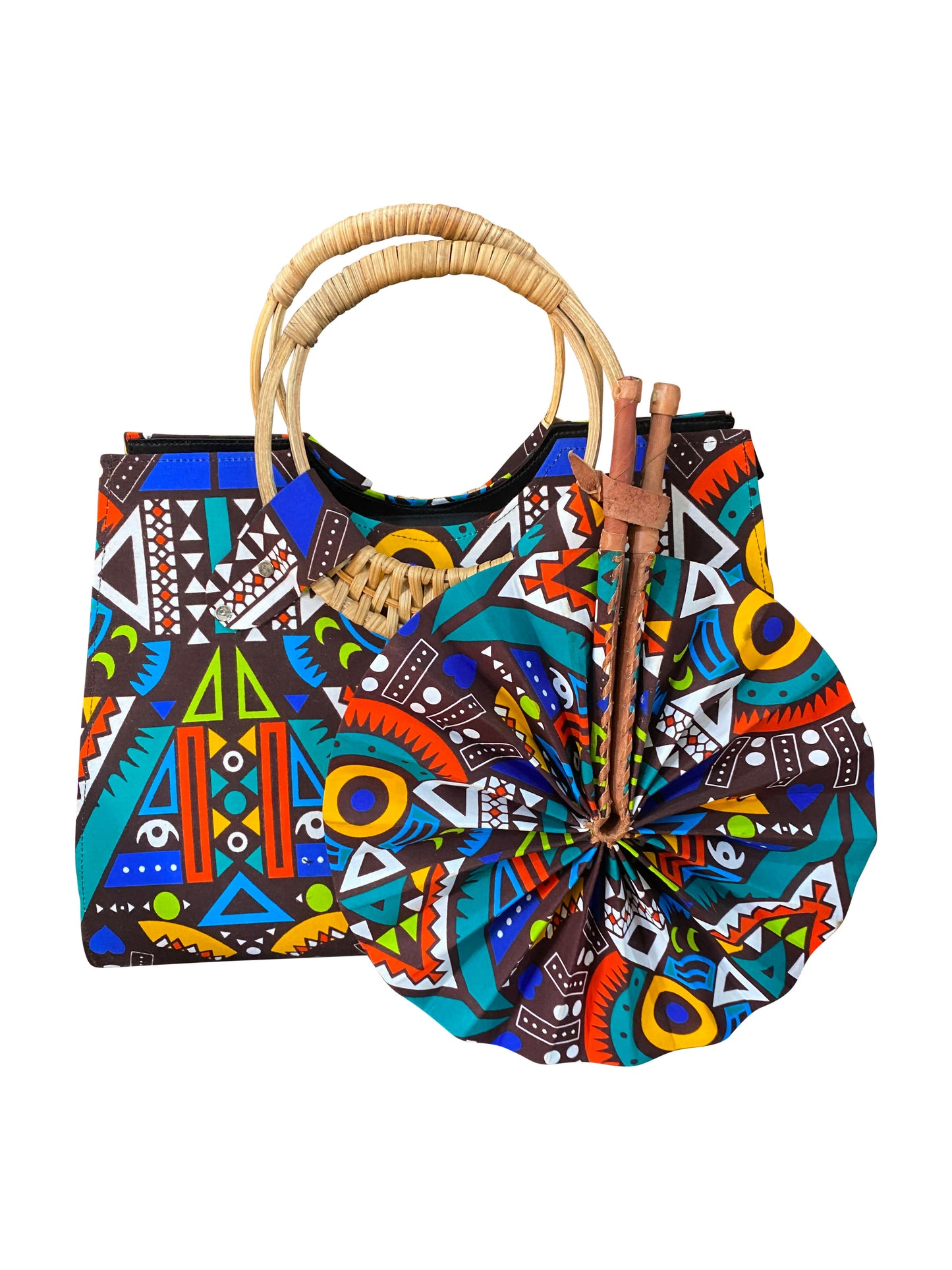 Colorful African Handbag Handgemachte Tasche mit starkem Charakter & passendem Fächer