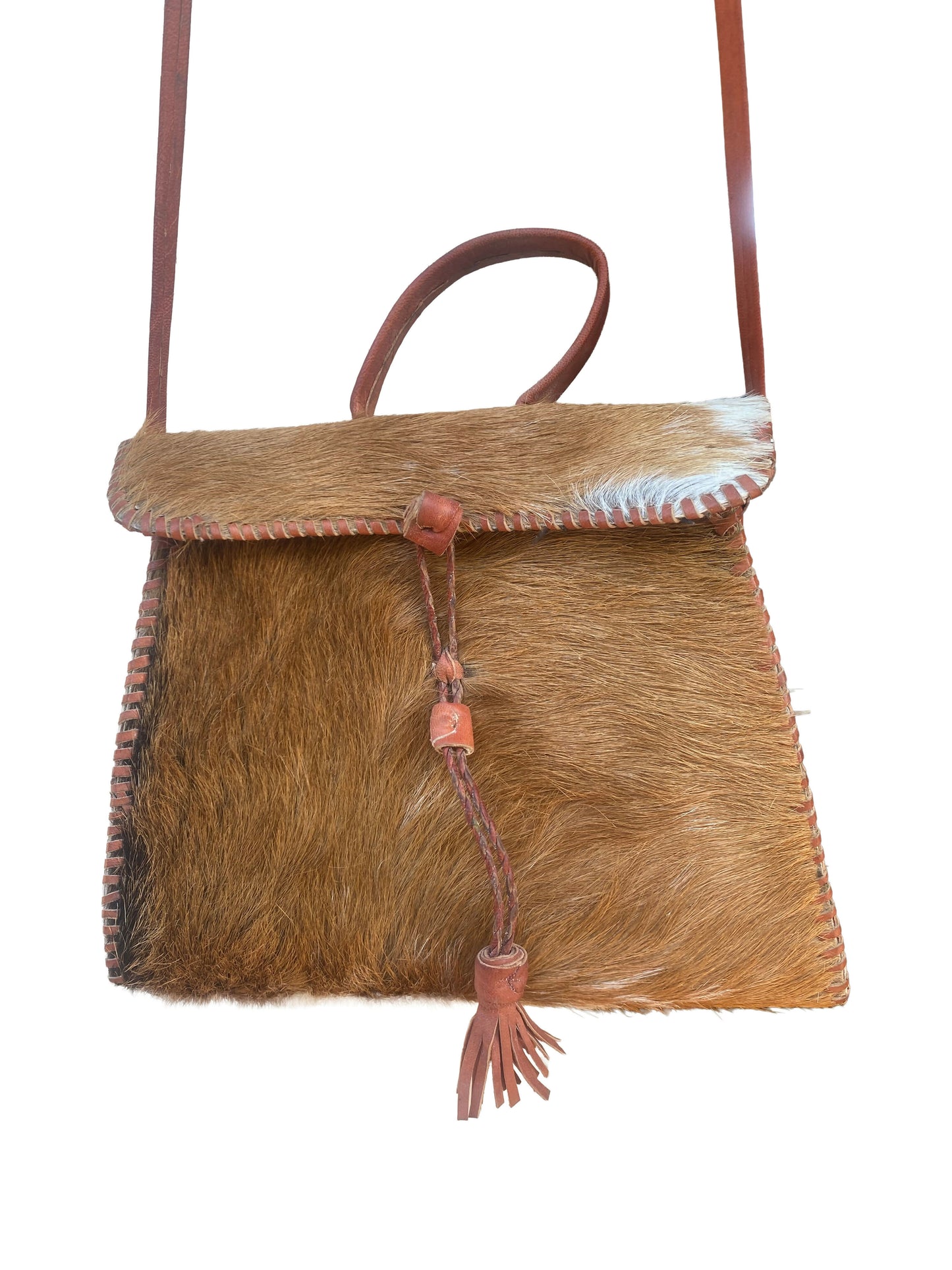 Fancy Umhängetasche aus Ziegenleder mit Naturhaar – Handgefertigt (60 cm Band, 20×10×18 cm)