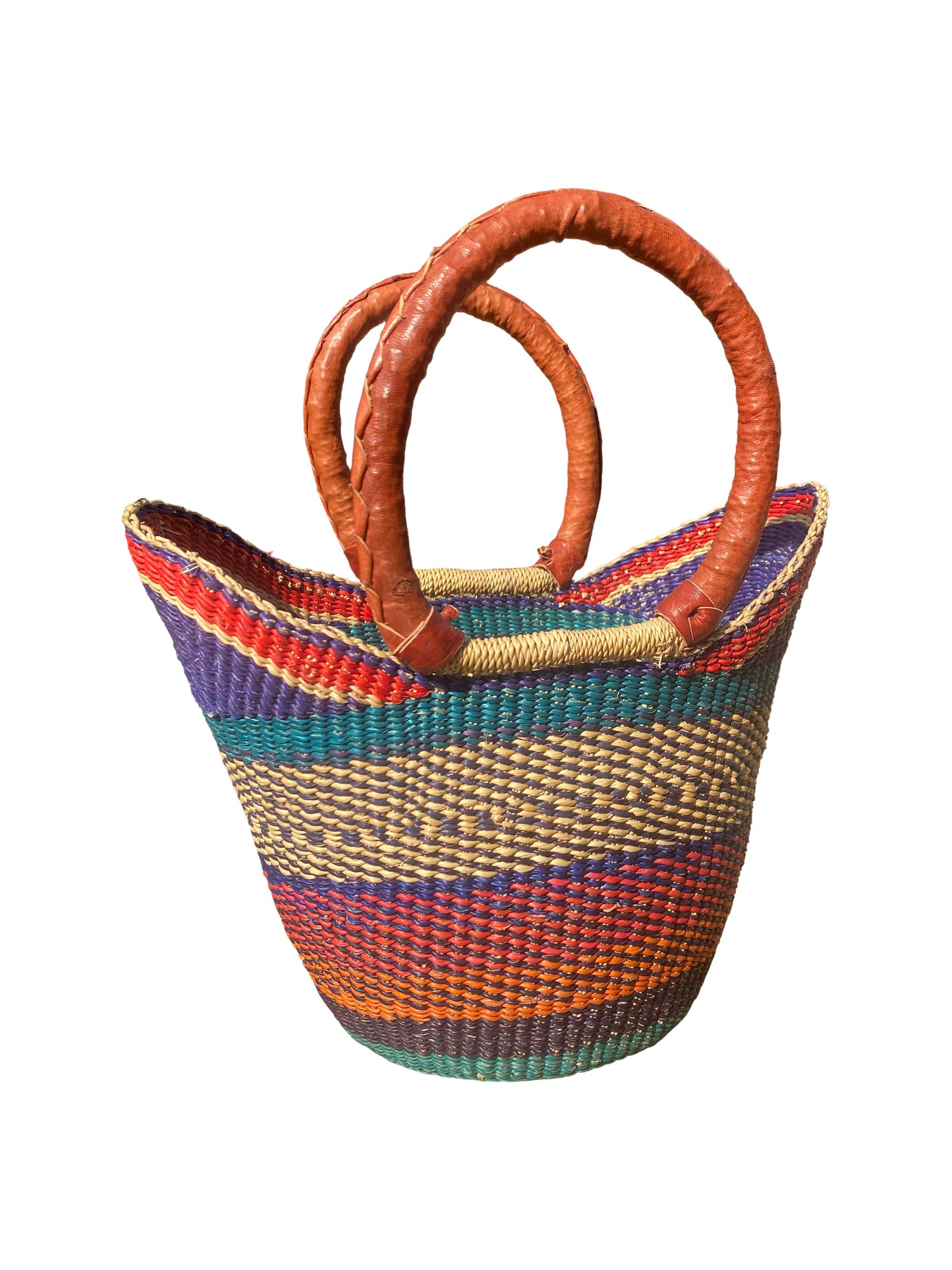 Savanna Glow“– Bunter Korb aus Elefantengras & Ziegenleder echte Handarbeit (33×30×15 cm)