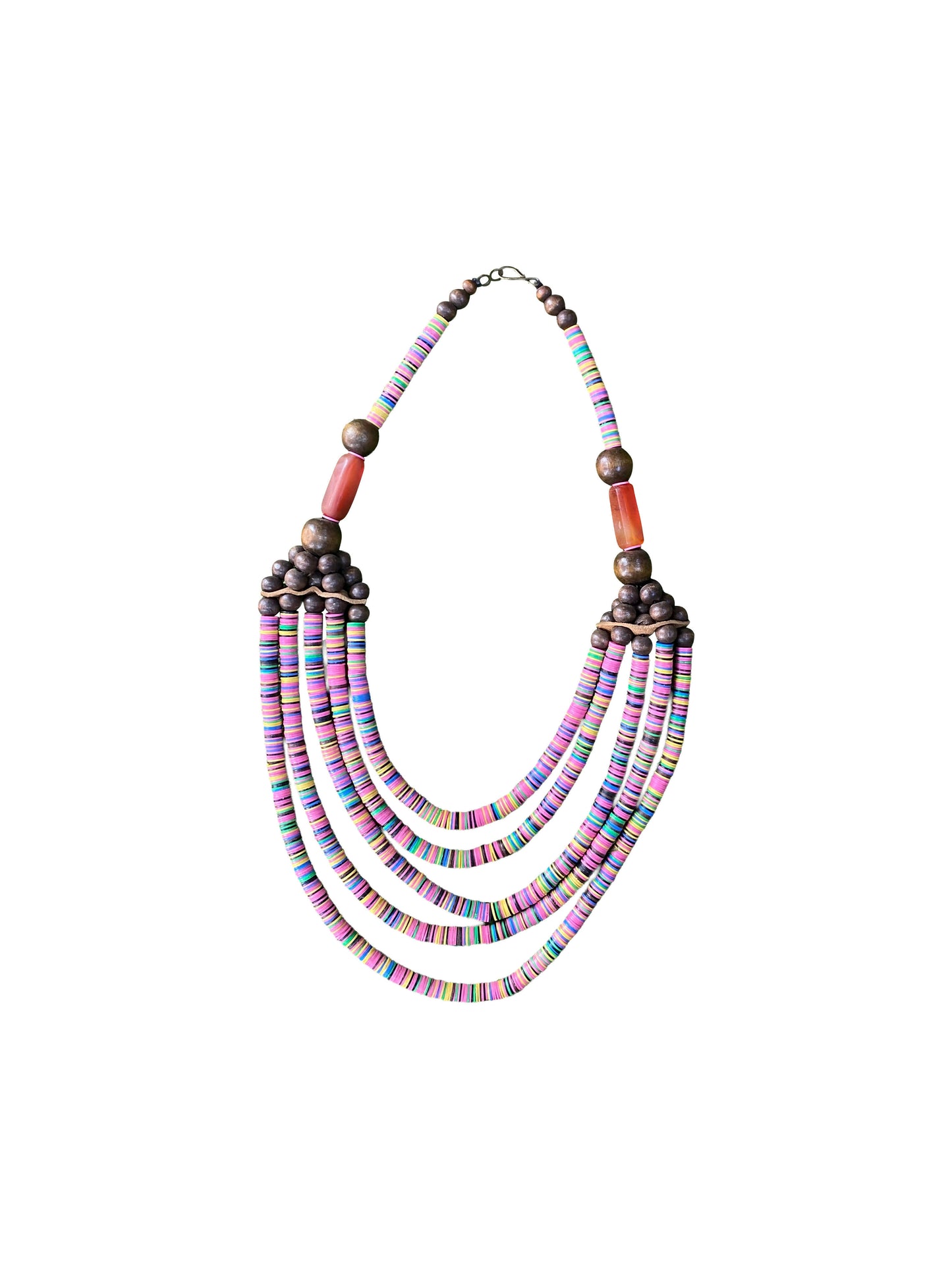 "Color Balance Necklace" 5 fine strands of beads, wood and agave
