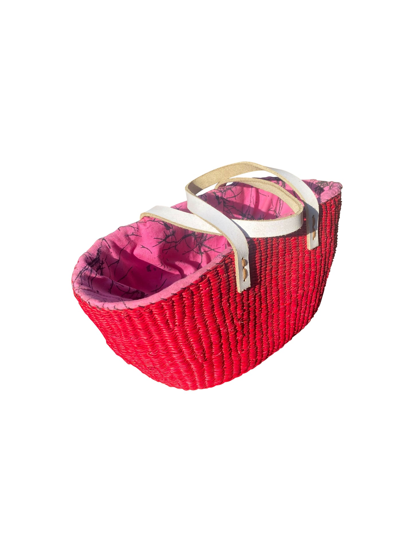 Geflochtene Handtasche aus Elefantengras – Pink mit Ledergriffen (31×14×12 cm)