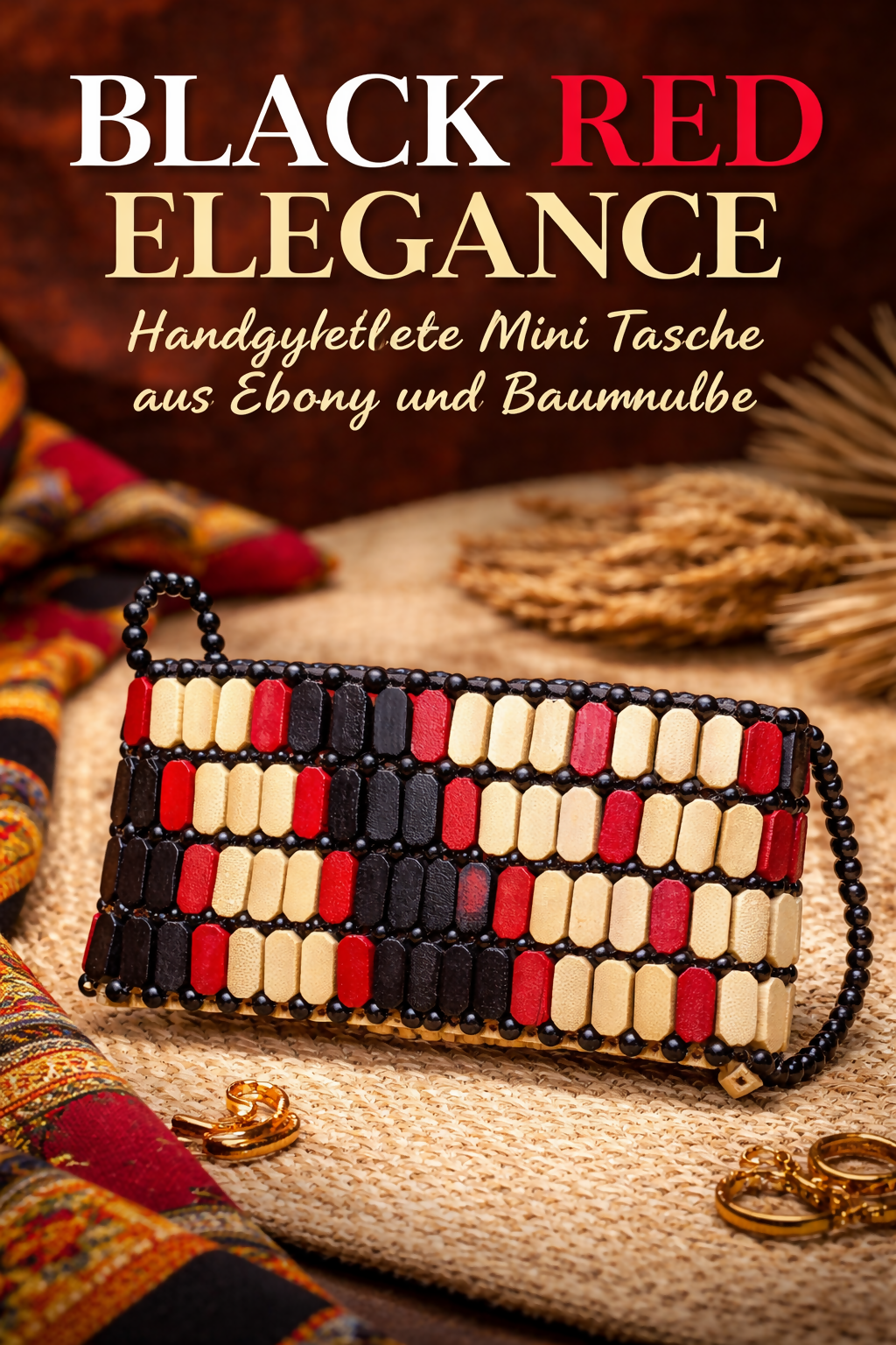 "BLACK RED ELEGANCE" Handmade mini bag made of ebony and cotton 