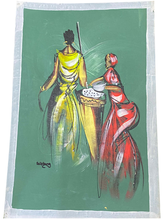 " Shared Task / Zwei Frauen bei gemeinsamer Arbeit" Handgemaltes Acrylbild aus Ghana (50 × 69 cm)