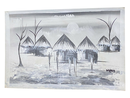 „Stille Siedlung/ Spuren des Alltags“ Handgemalte Acrylkunst aus Ghana (50 × 69 cm)