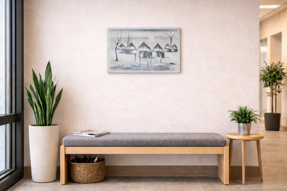 „Stille Siedlung/ Spuren des Alltags“ Handgemalte Acrylkunst aus Ghana (50 × 69 cm)