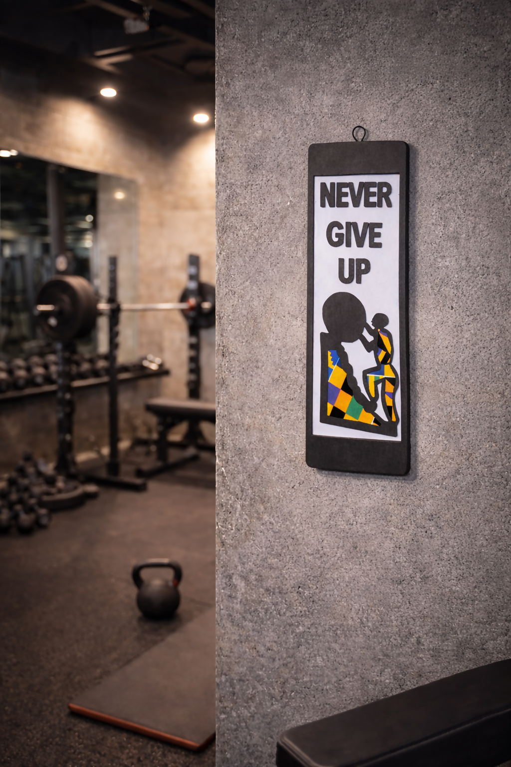 "NEVER GIVE UP" EBONY KENTE WALL ART Handgefertigte Wanddekoration aus Ebenholz und Kente-Stoff