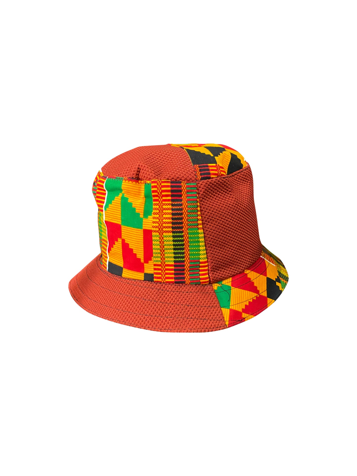Handgefertigter Kente Bucket Hat Durchmesser 26cm (Anglerhut) Bunte Orange-Rot-Gelbe Muster, Unisex