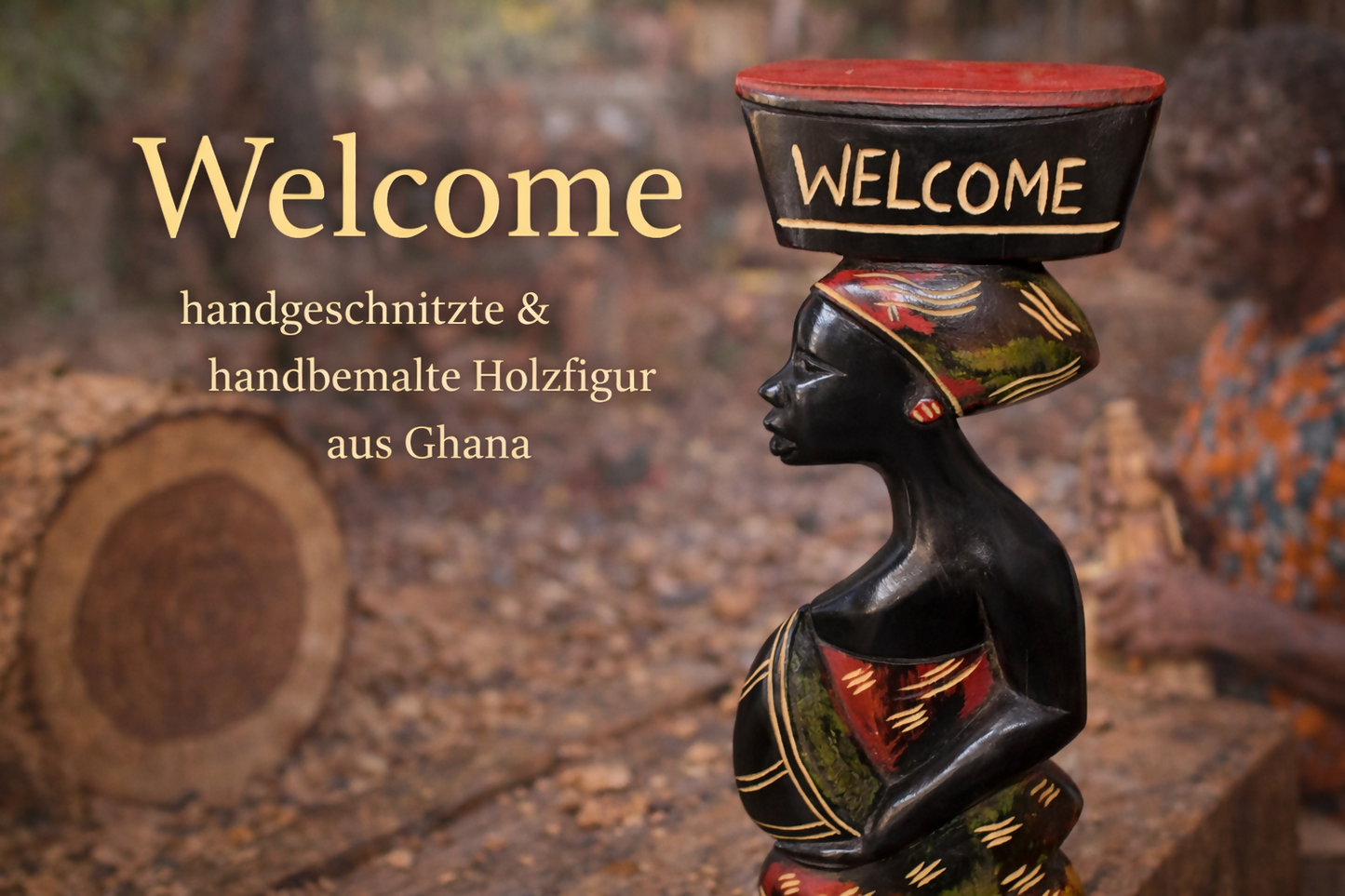 „Welcome“ handgeschnitzte und handbemalte Holzfigur aus Ghana