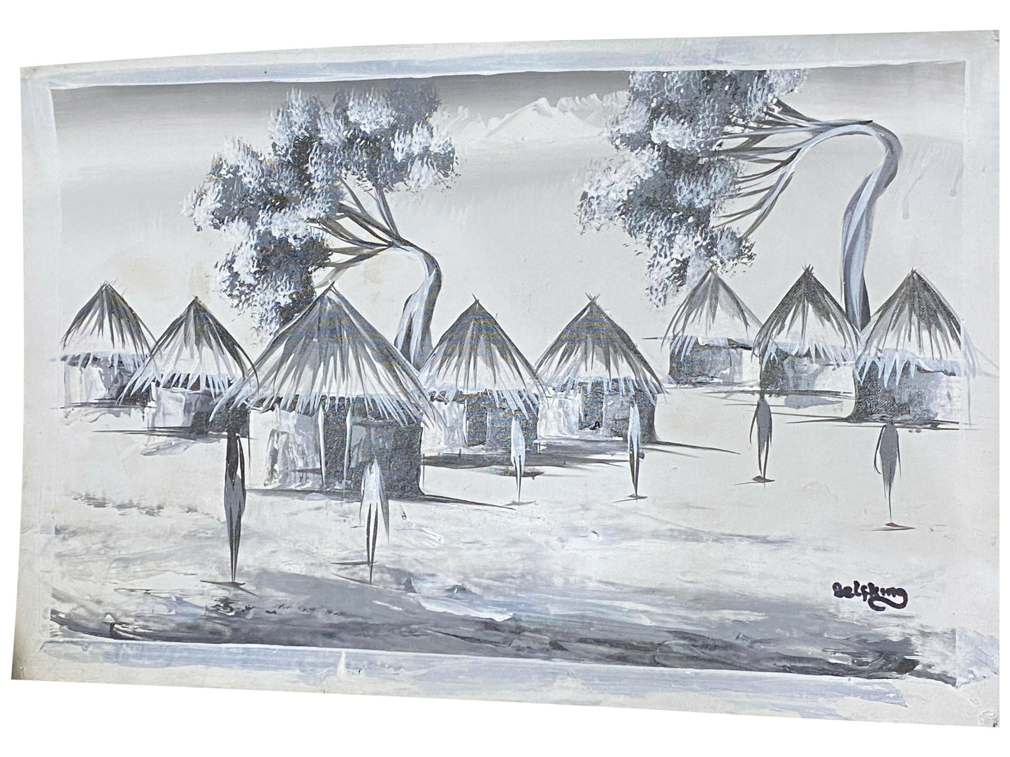 " Quiet Settlement / Dorf mit Strohdächern" Handgemaltes Acrylbild aus Ghana (50 × 69 cm)