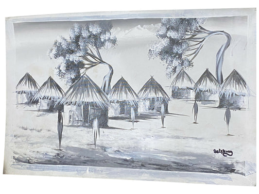 " Quiet Settlement / Dorf mit Strohdächern" Handgemaltes Acrylbild aus Ghana (50 × 69 cm)