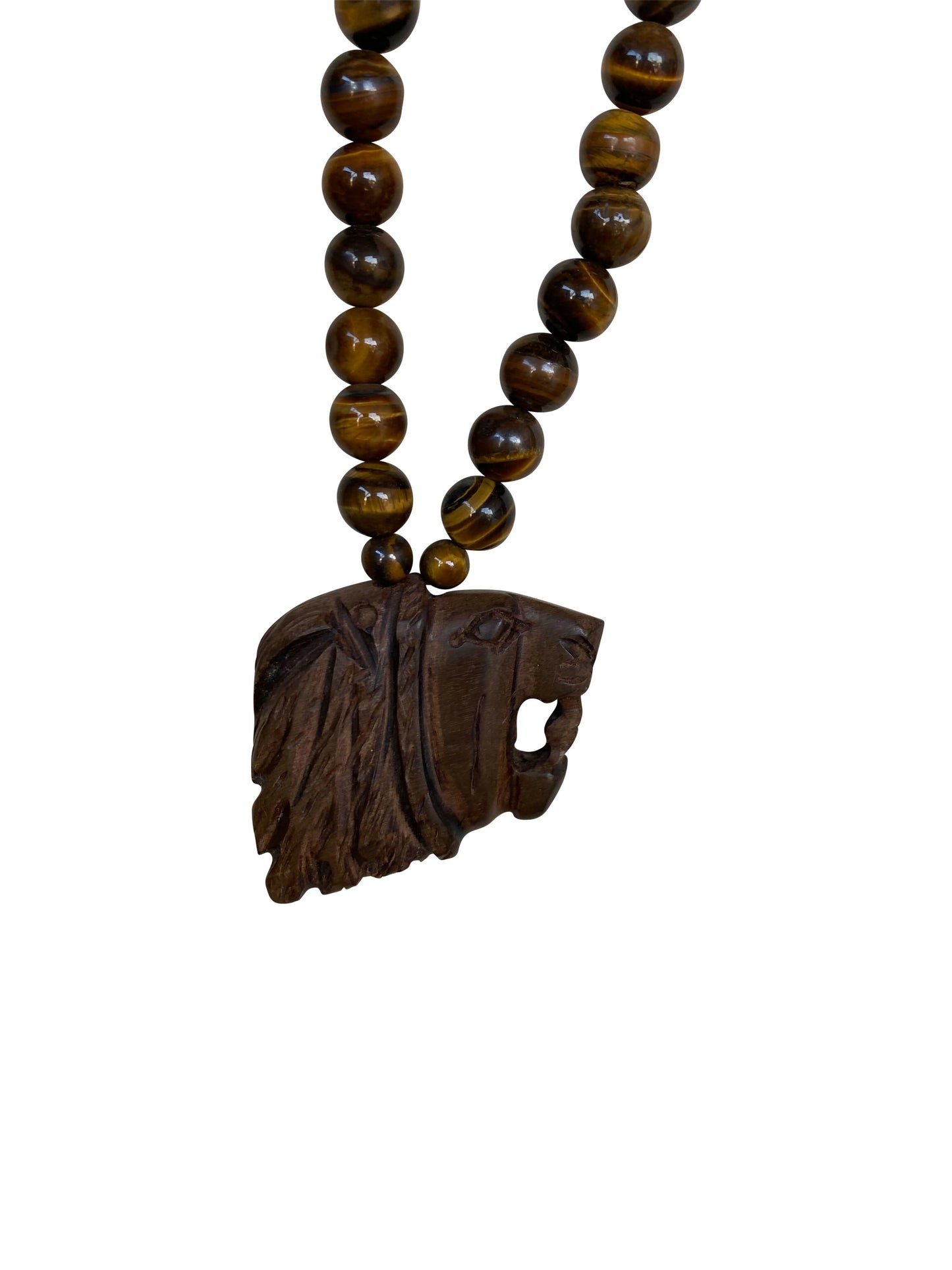 Handgeschnitzter Löwen-Anhänger an Perlenkette aus Tigerholz – Symbol für Stärke (ca. 50 cm)