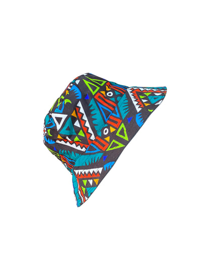 Handgefertigter Kente Bucket Hat Blau mit Rot-Weiß-Grün Akzenten, Unisex, Ø 26 cm