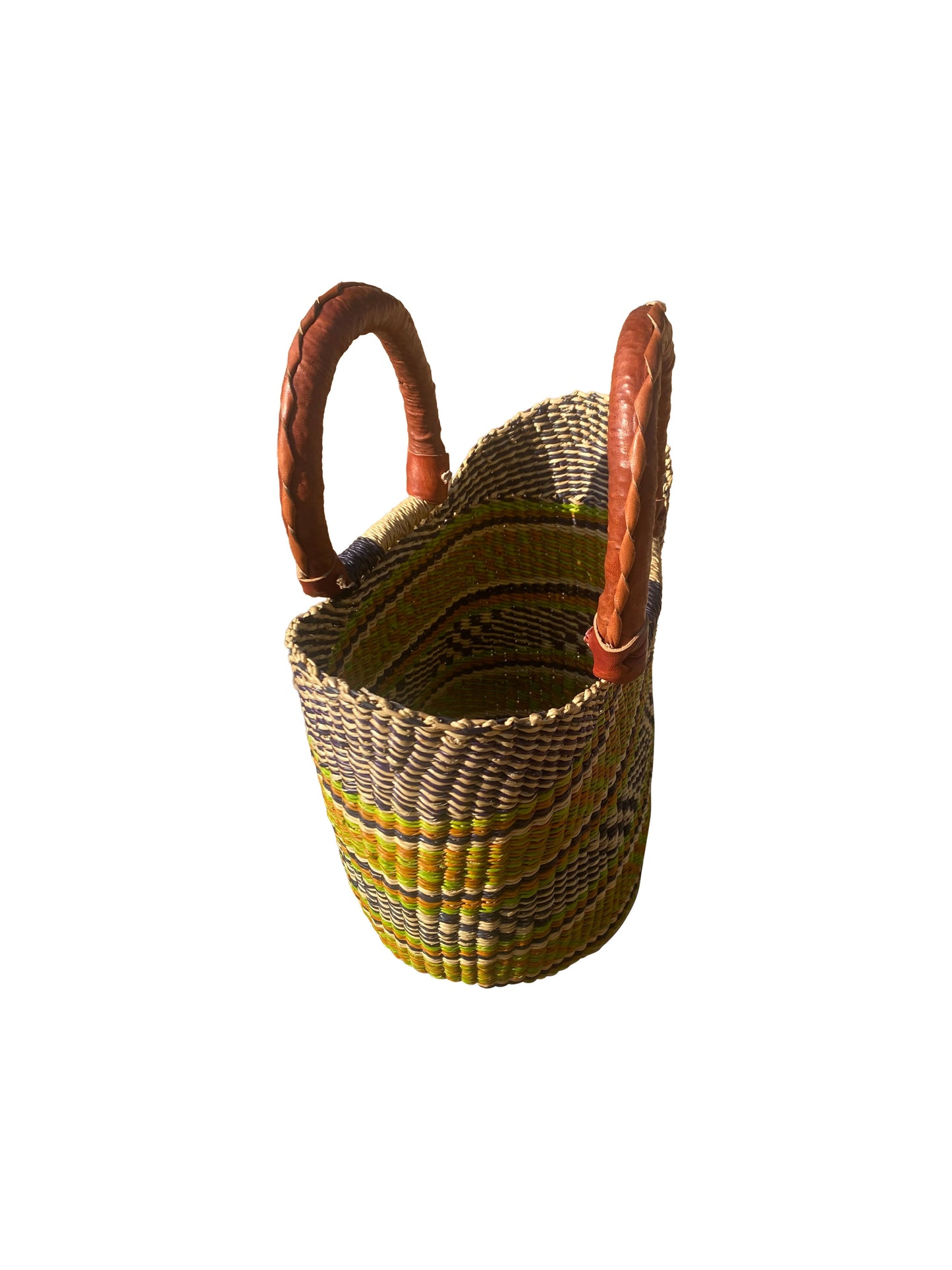 Bolga Style – Handgeflochtener Korb aus Elefantengras & Ziegenleder (33×30×15 cm)