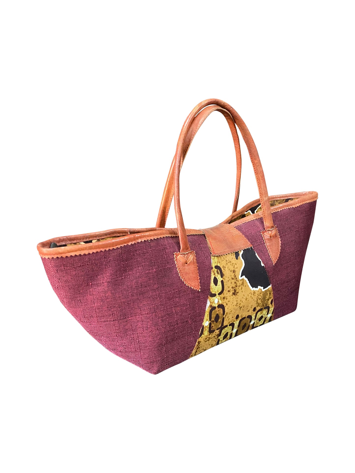 ROYAL KENTE Tote Handgefertigte Baumwolltasche aus Ghana mit Ledergriffen (40x24x13)