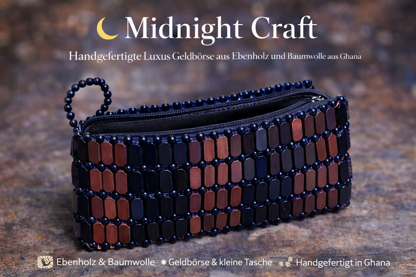 "Midnight Craft" Handgefertigte Luxus Geldbörse aus Ebenholz und Baumwolle aus Ghana