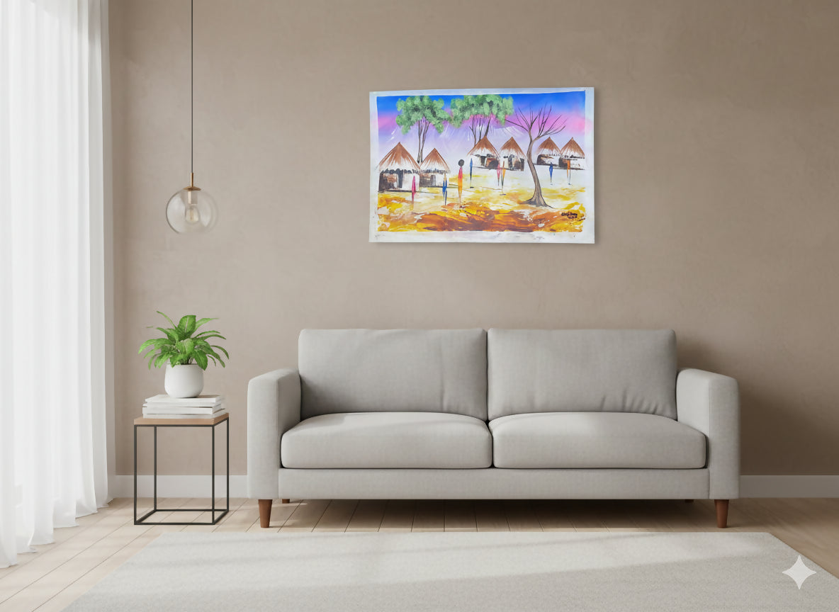 Village Harmony/ Dorfleben im Licht Handgemalte Acrylkunst aus Ghana (50 × 69 cm)