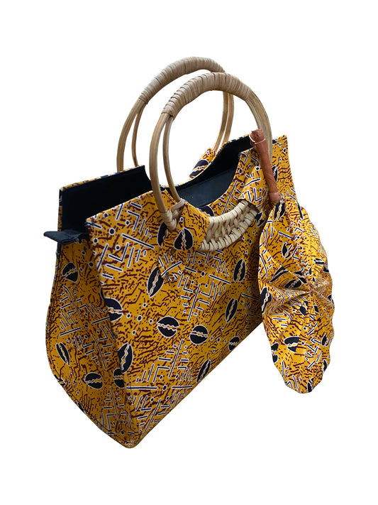 Golden Heritage Set – Handgefertigte Damentasche mit passendem Fächer | Baumwolle & Leder | 35 x 33 x 15 cm | Made in Ghana