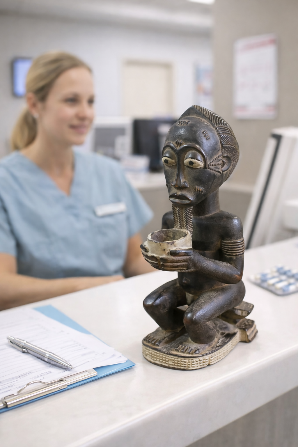 Baule Figur sitzender Mann mit Schale – Replikat traditioneller Holzskulptur aus Osese Holz