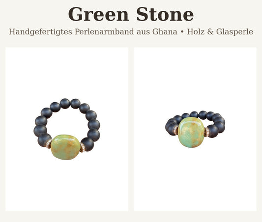 Handgefertigtes Perlenarmband aus Ghana Schwarze Holzperlen mit grüner Glasperle (Unisex)