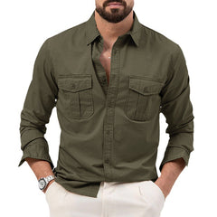 Top Casual De Manga Larga De Color Sólido Con Múltiples Bolsillos Para Hombre, camisa