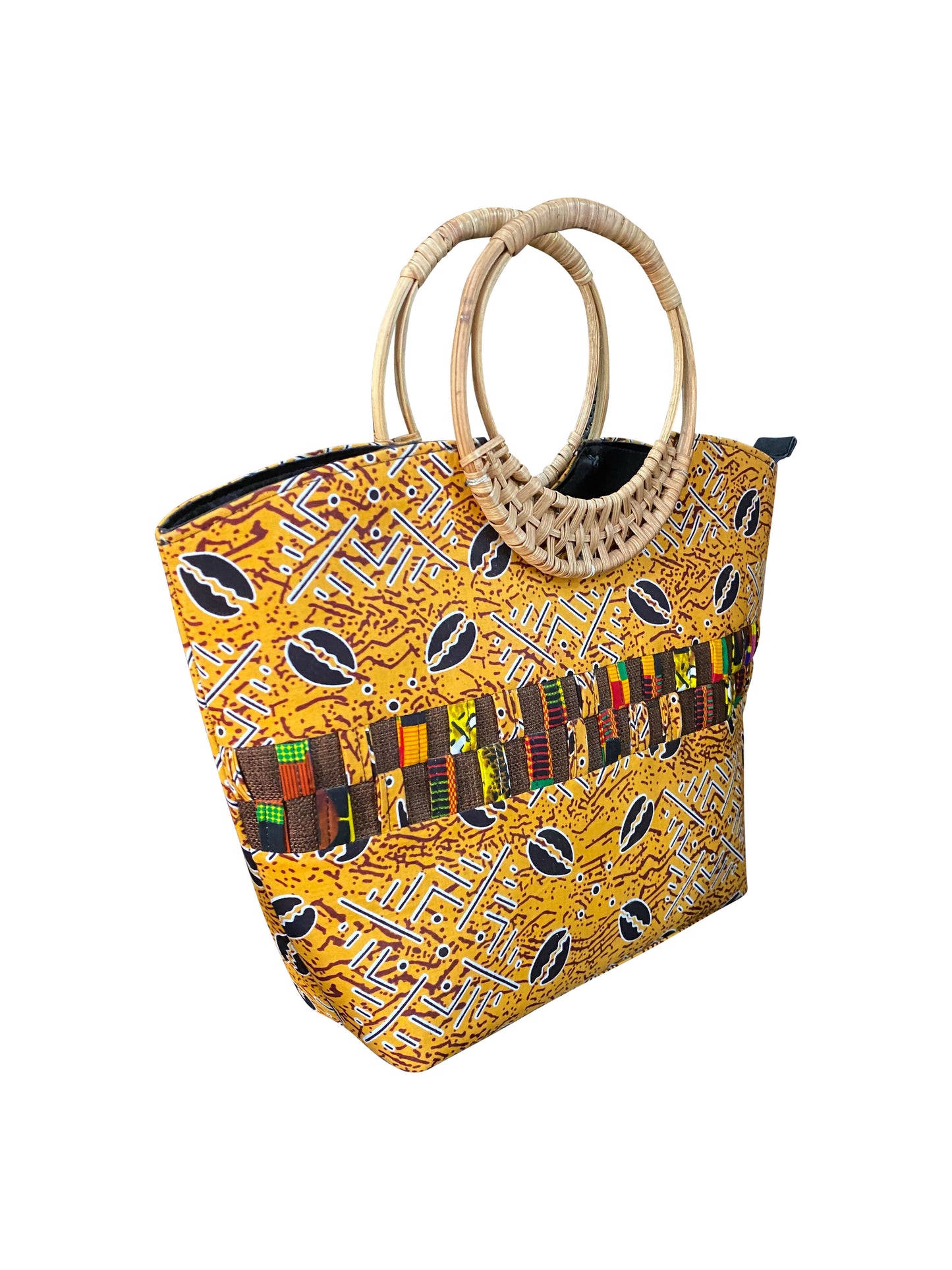 African Kente Tote Bag: Handmade handbag made from Kente fabric with elephant grass handle