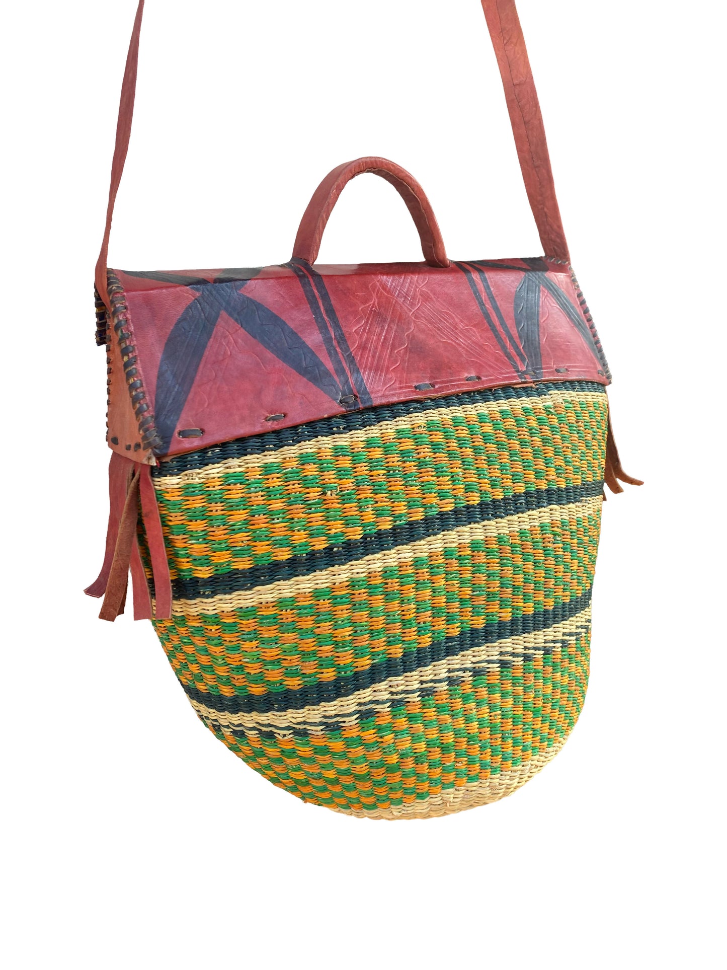 Crossbody-Tasche aus Elefantengras & Leder – Handgefertigt in Ghana (37×32×20 cm)