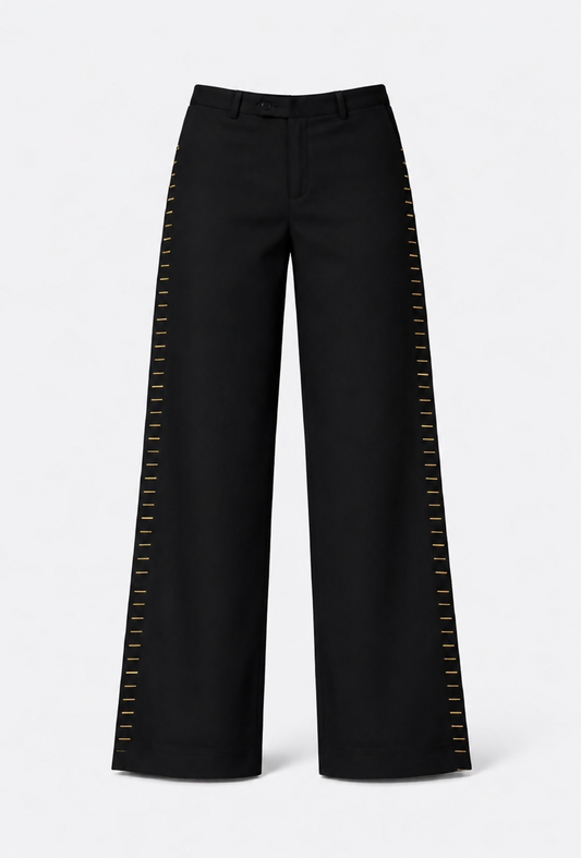 Darkos "Hand Stich" Pants – Schwarze Wide-Leg-Hose mit kontrastierender Handbestickung