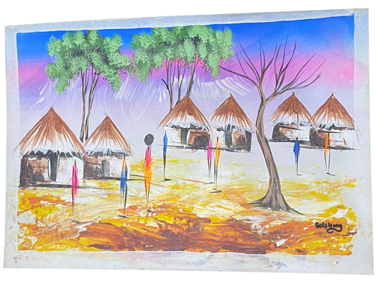 Village Harmony/ Dorfleben im Licht Handgemalte Acrylkunst aus Ghana (50 × 69 cm)