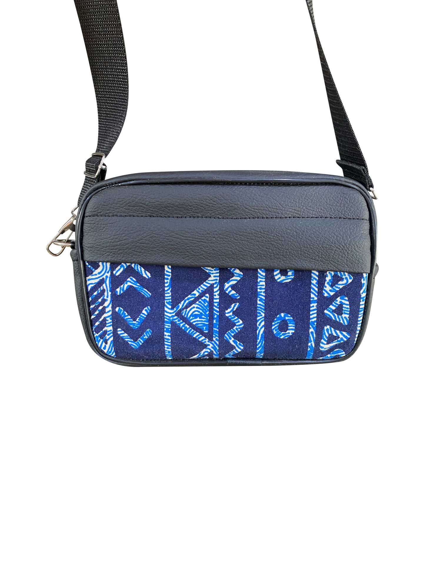 Handgefertigte Crossbody-Tasche aus Ghana Afro Muster in Blau Leder & Baumwolle Unisex Schultertasche 22 × 14 × 8 cm