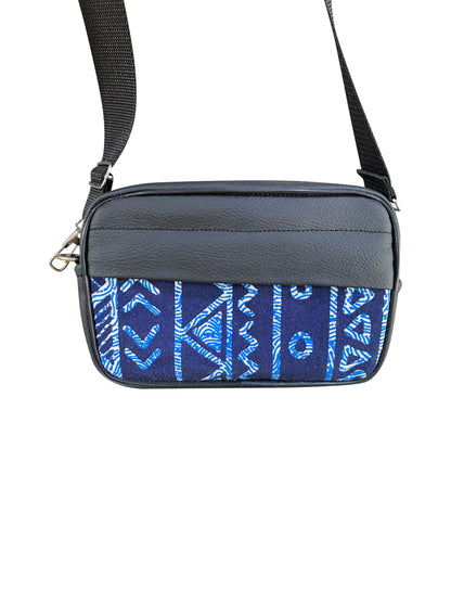 Handgefertigte Crossbody-Tasche aus Ghana Afro Muster in Blau Leder & Baumwolle Unisex Schultertasche 22 × 14 × 8 cm