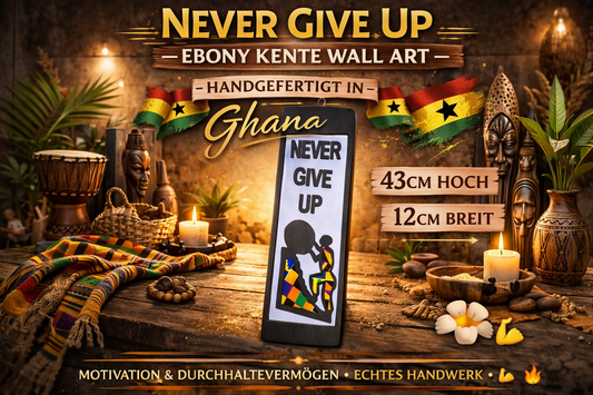 "NEVER GIVE UP" EBONY KENTE WALL ART Handgefertigte Wanddekoration aus Ebenholz und Kente-Stoff