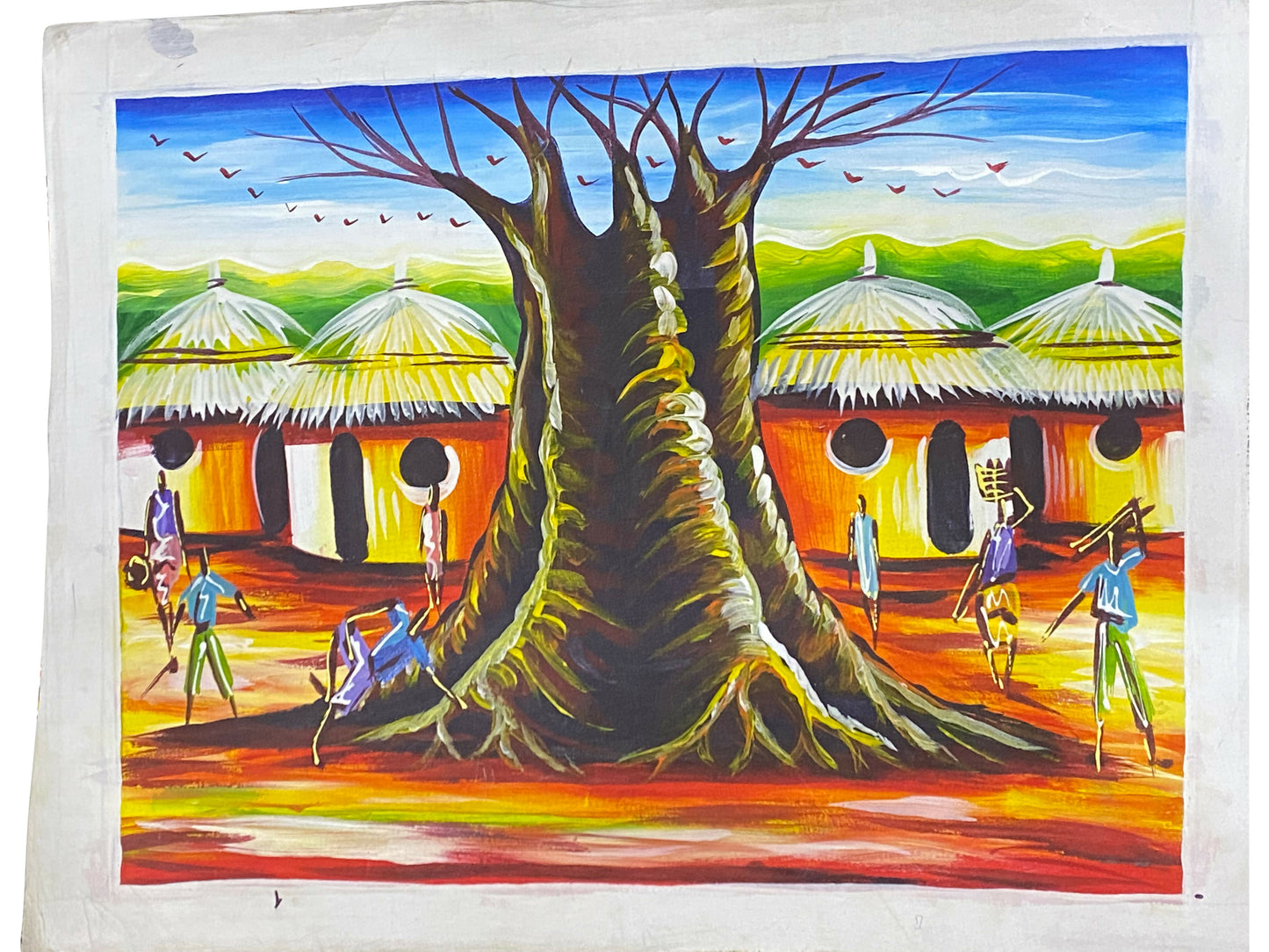"Baobab Village Life/ Afrikanische Dorfszene" Handgemalte Acrylkunst aus Ghana (50 × 69 cm)