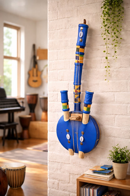 "Blue Resonance" Handgefertigtes westafrikanisches Saiteninstrument aus Ghana