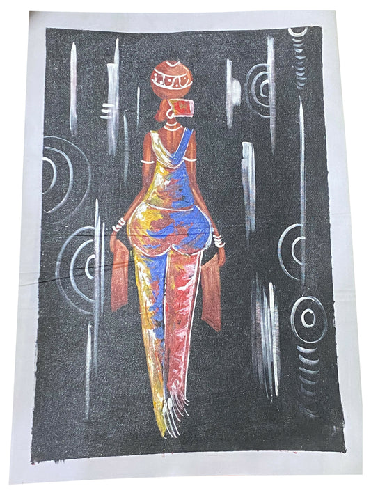 "Echoes in the Dark/ Rückenfigur mit Tüchern" Handgemaltes Acrylbild aus Ghana (50 × 69 cm)